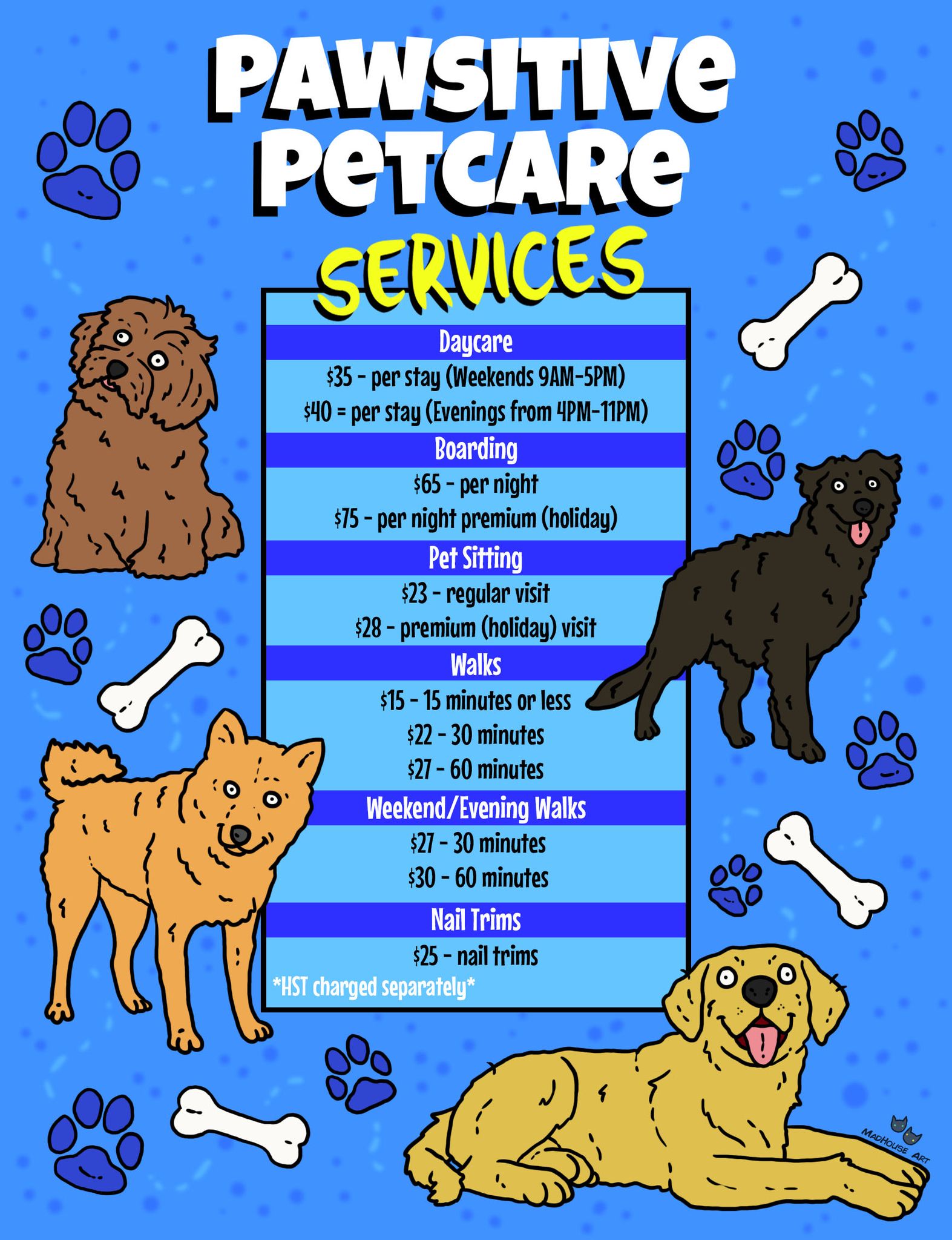 Pawsitive Petcare Service Menu — contact (647) 228-8230 or pawsitivepetcareto@gmail.com for more information